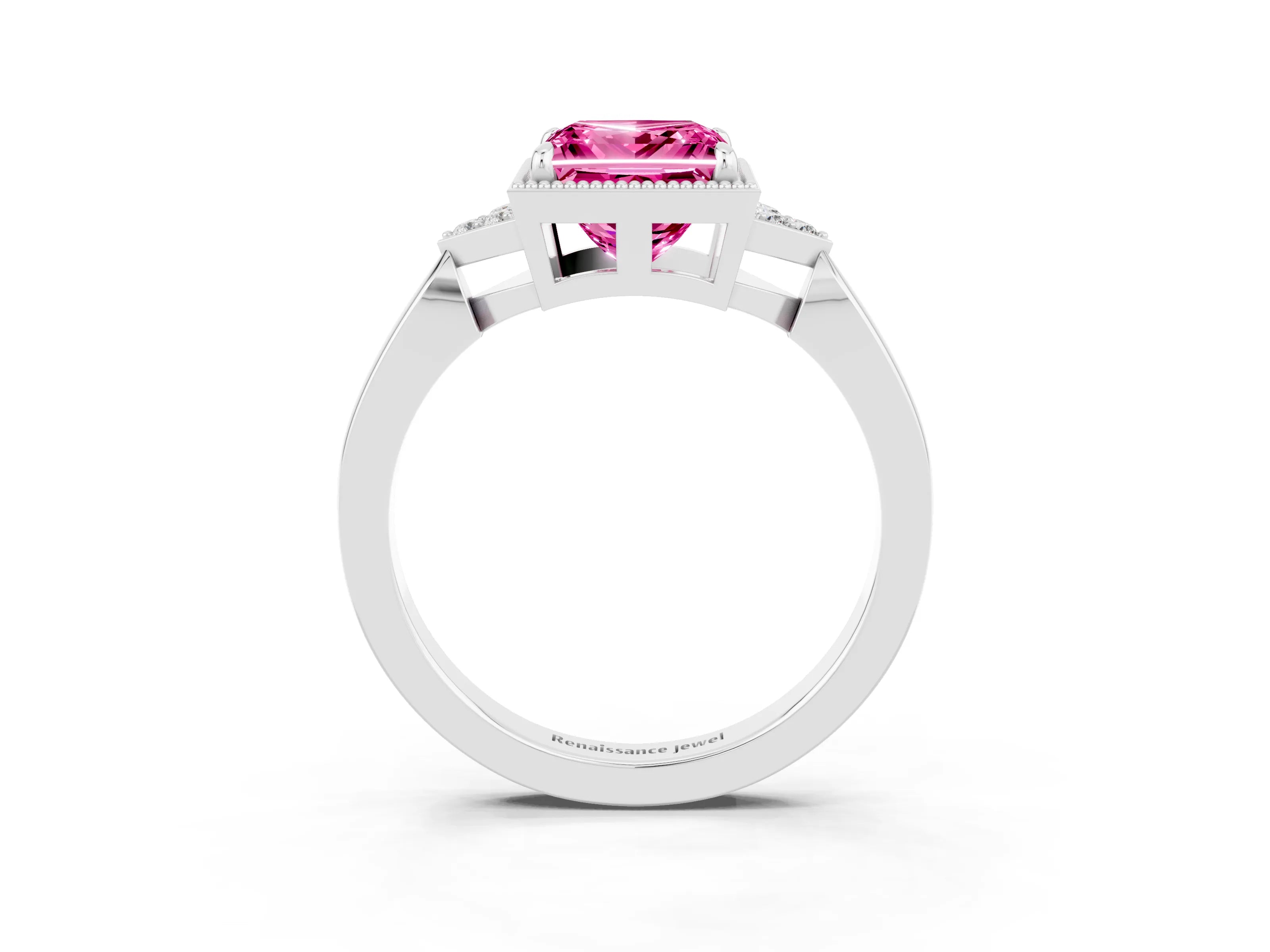 White gold Princess Cut Pink Sapphire Halo Ring with Tapered Band and Four-Prong Setting_3