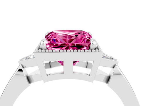 White gold Princess Cut Pink Sapphire Halo Ring with Tapered Band and Four-Prong Setting_4