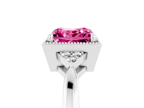 White gold Princess Cut Pink Sapphire Halo Ring with Tapered Band and Four-Prong Setting_5
