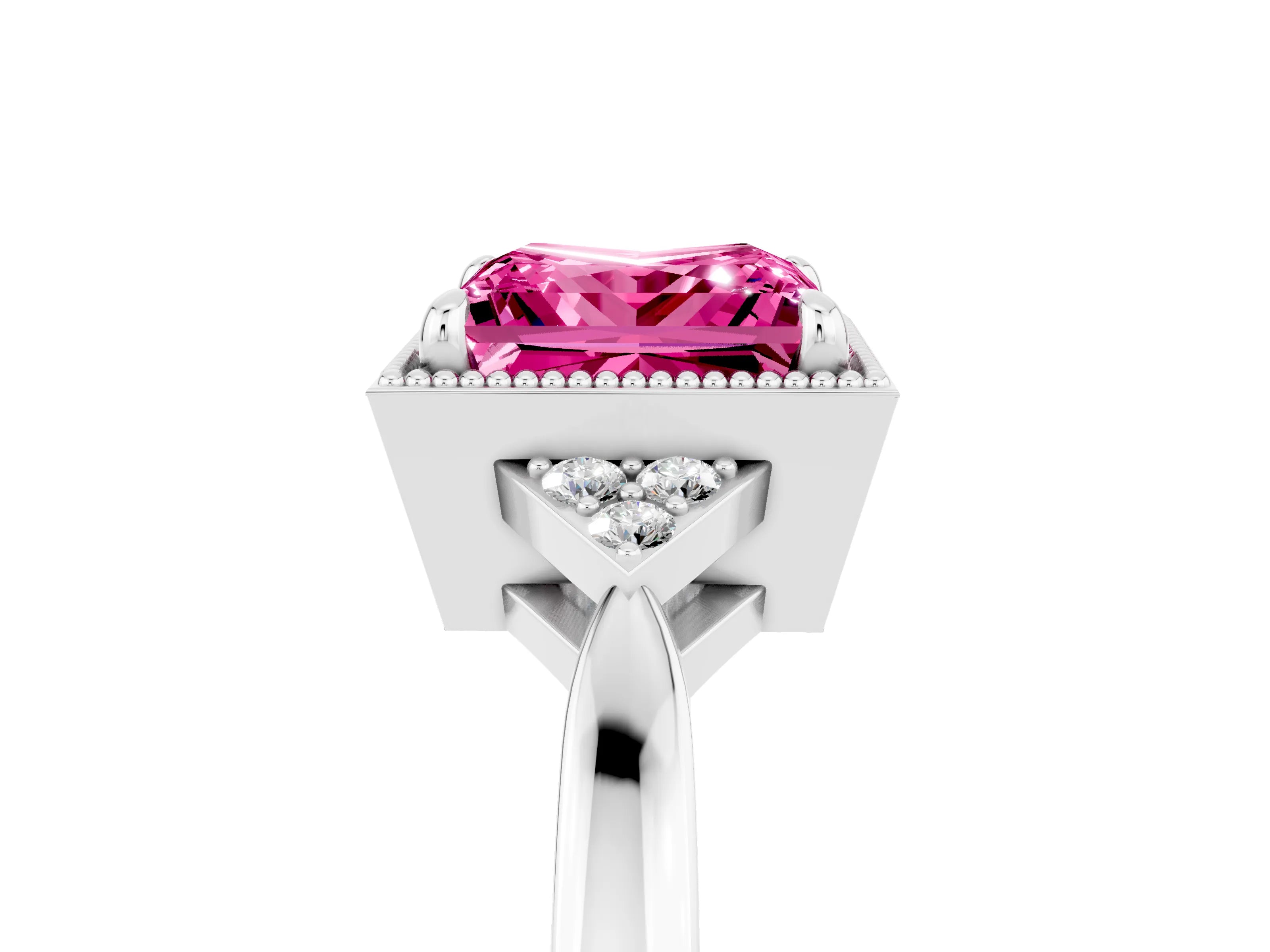 White gold Princess Cut Pink Sapphire Halo Ring with Tapered Band and Four-Prong Setting_5