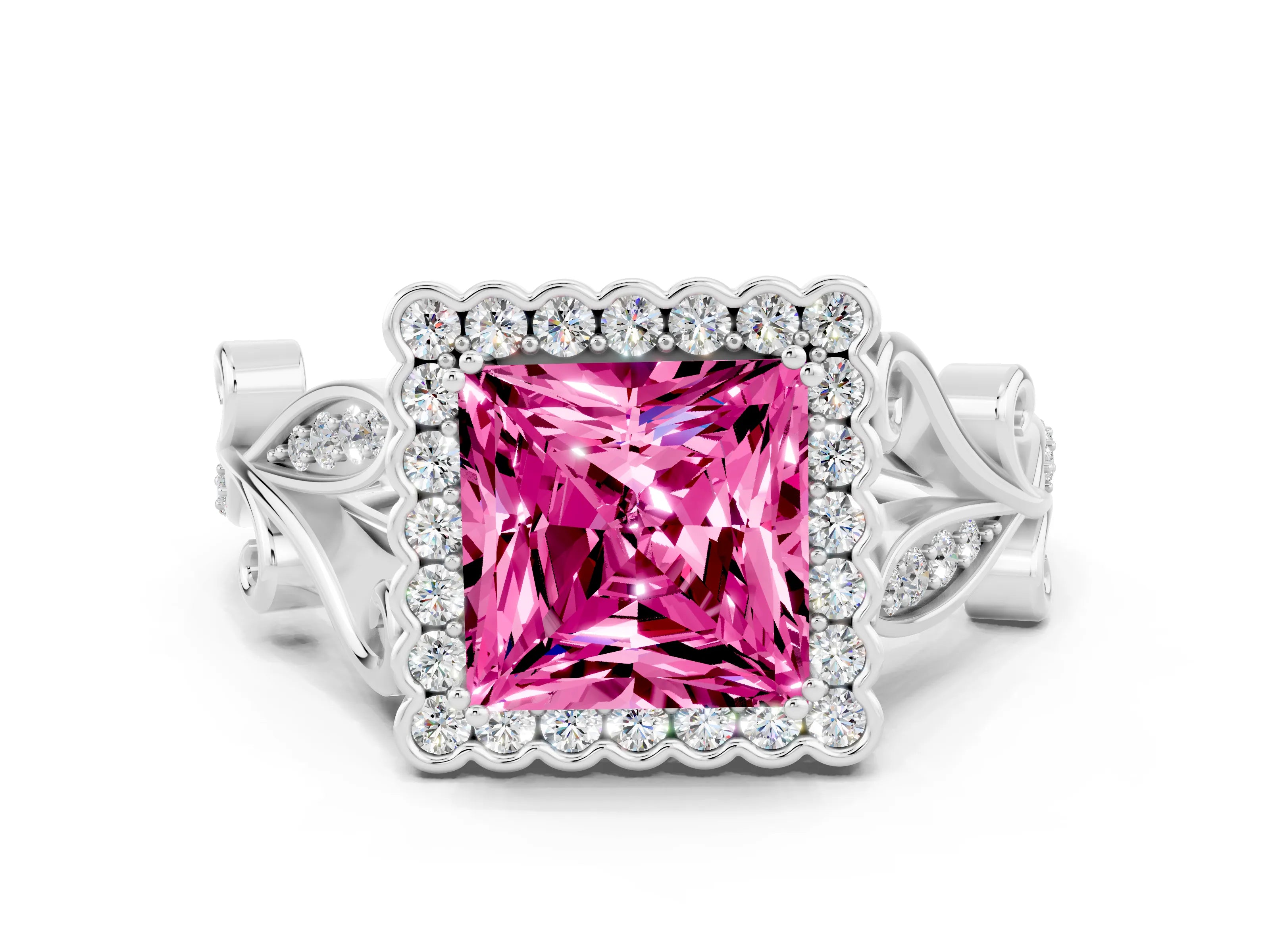White gold Princess Cut Pink Sapphire Halo Ring with Vintage Split Shank and Four-Prong Setting_24