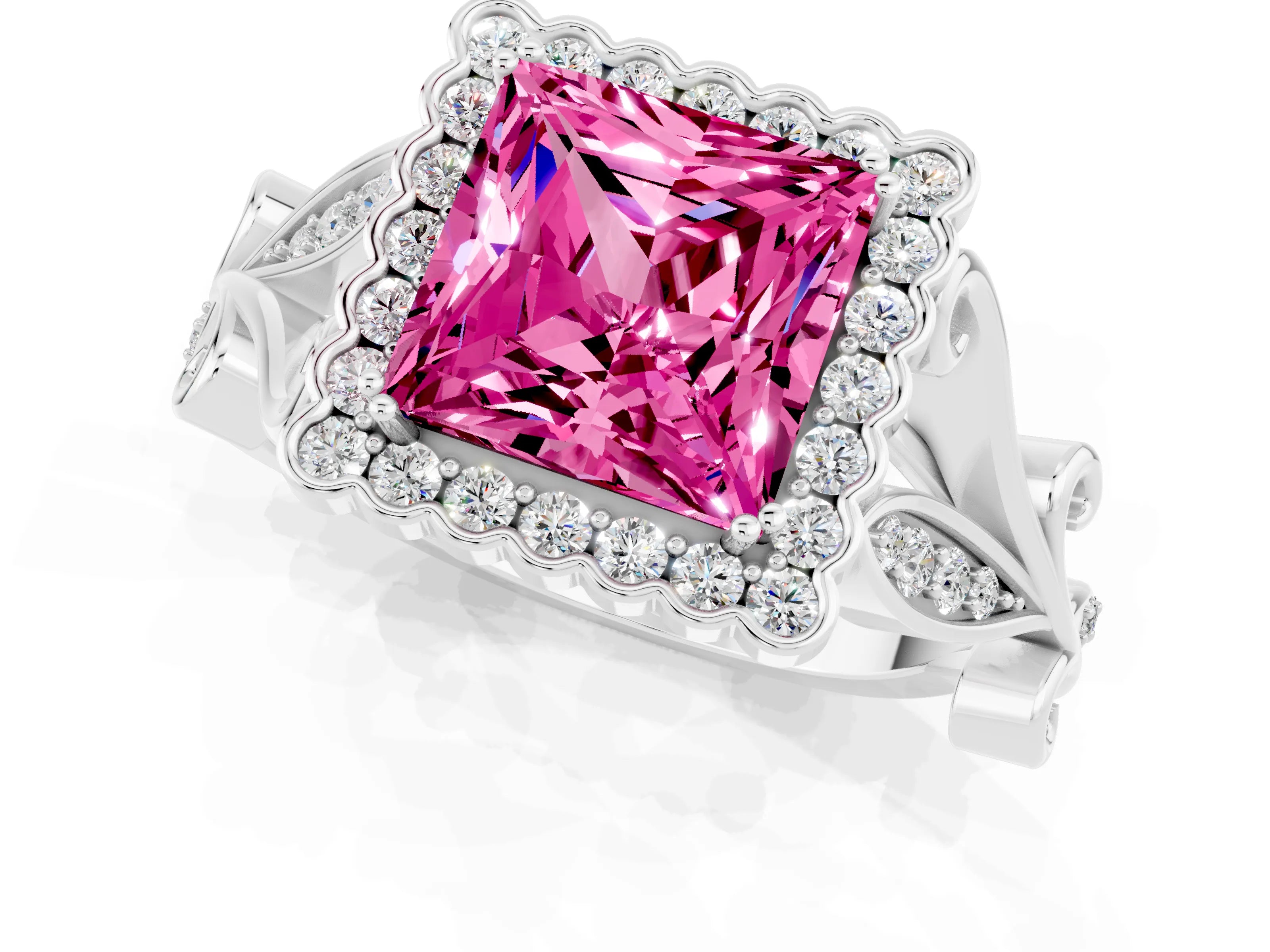 White gold Princess Cut Pink Sapphire Halo Ring with Vintage Split Shank and Four-Prong Setting_25