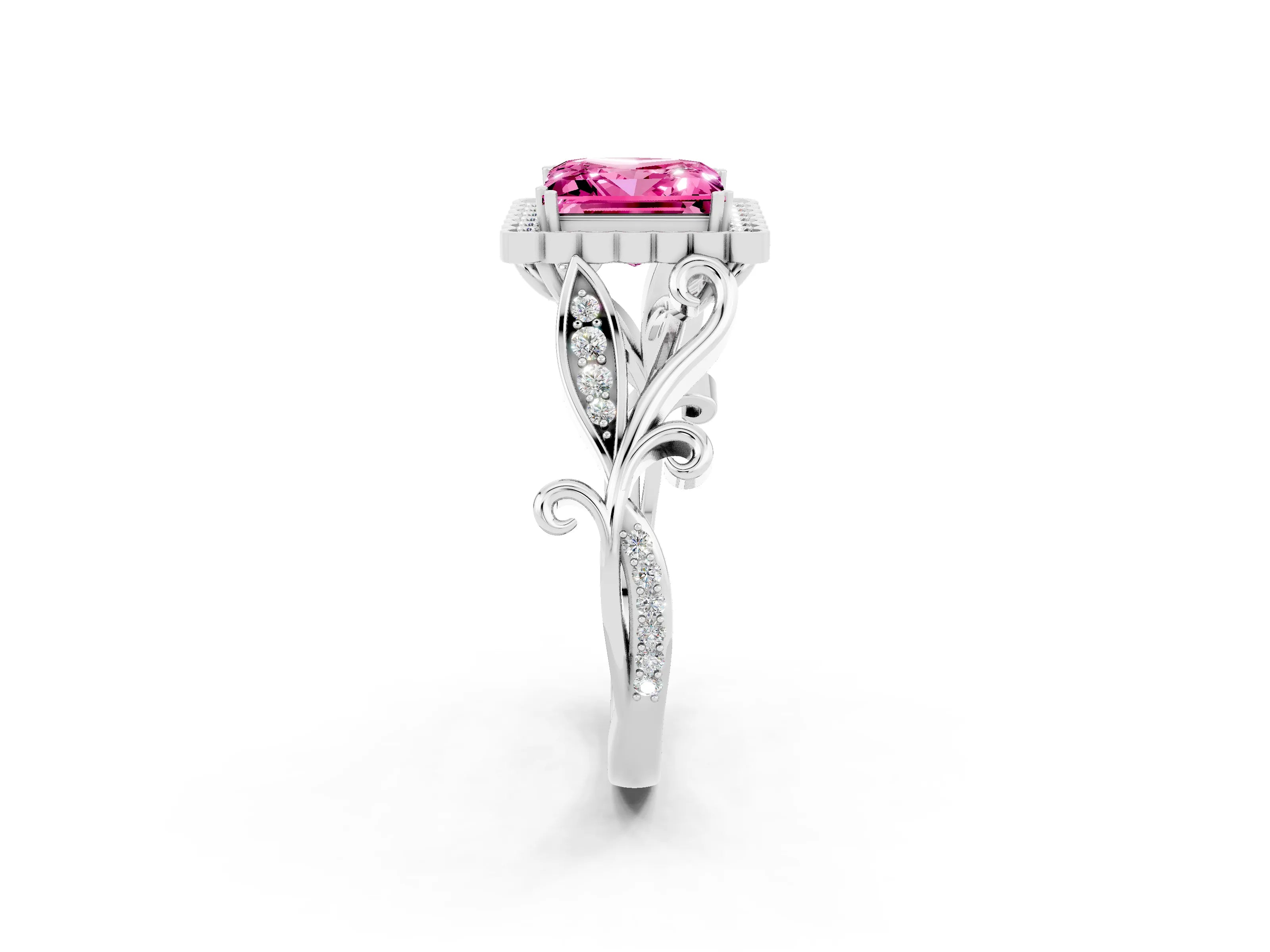 White gold Princess Cut Pink Sapphire Halo Ring with Vintage Split Shank and Four-Prong Setting_26