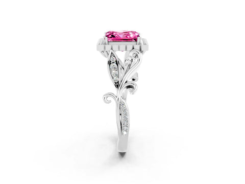 White gold Princess Cut Pink Sapphire Halo Ring with Vintage Split Shank and Four-Prong Setting_26