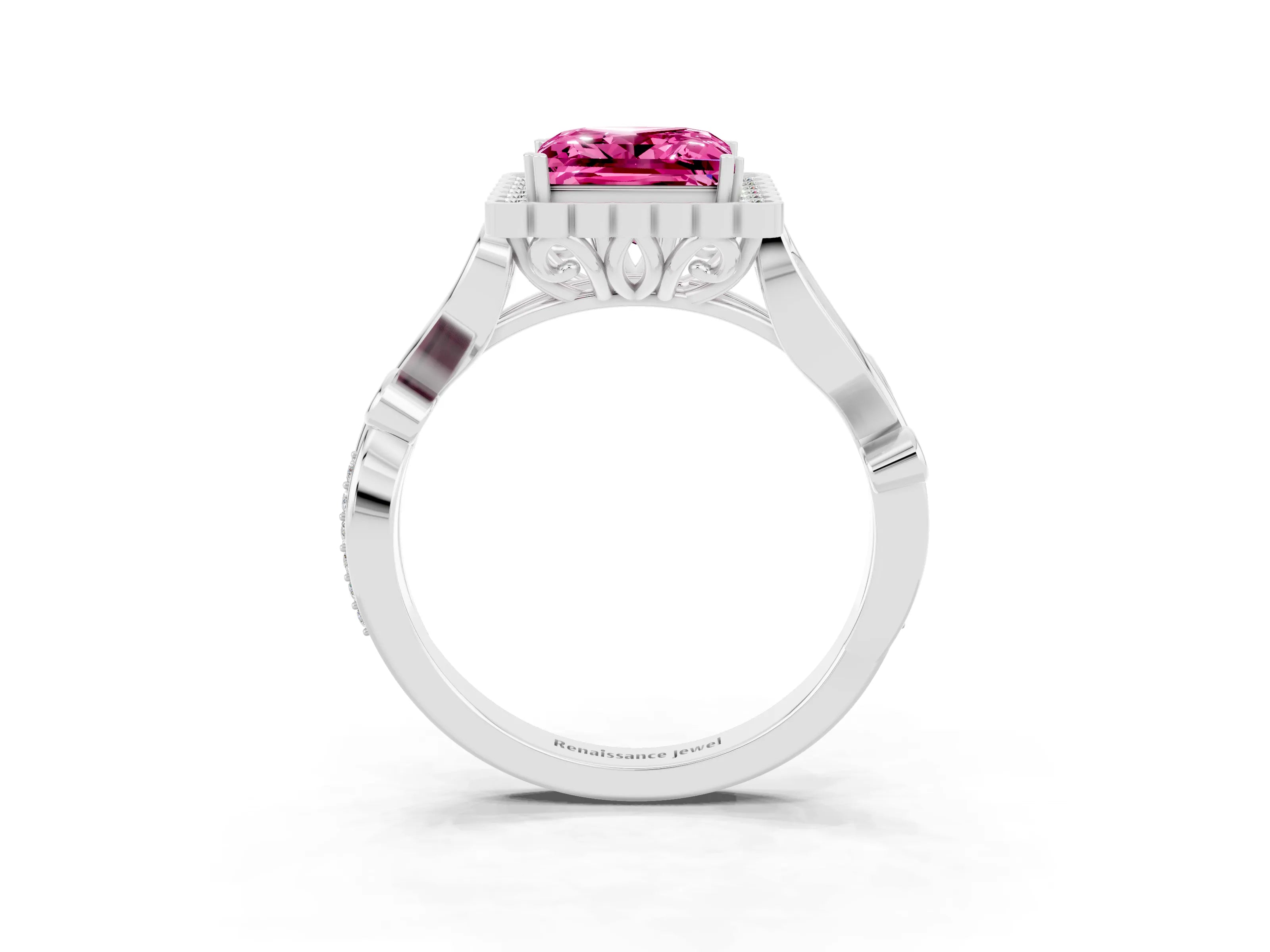 White gold Princess Cut Pink Sapphire Halo Ring with Vintage Split Shank and Four-Prong Setting_27