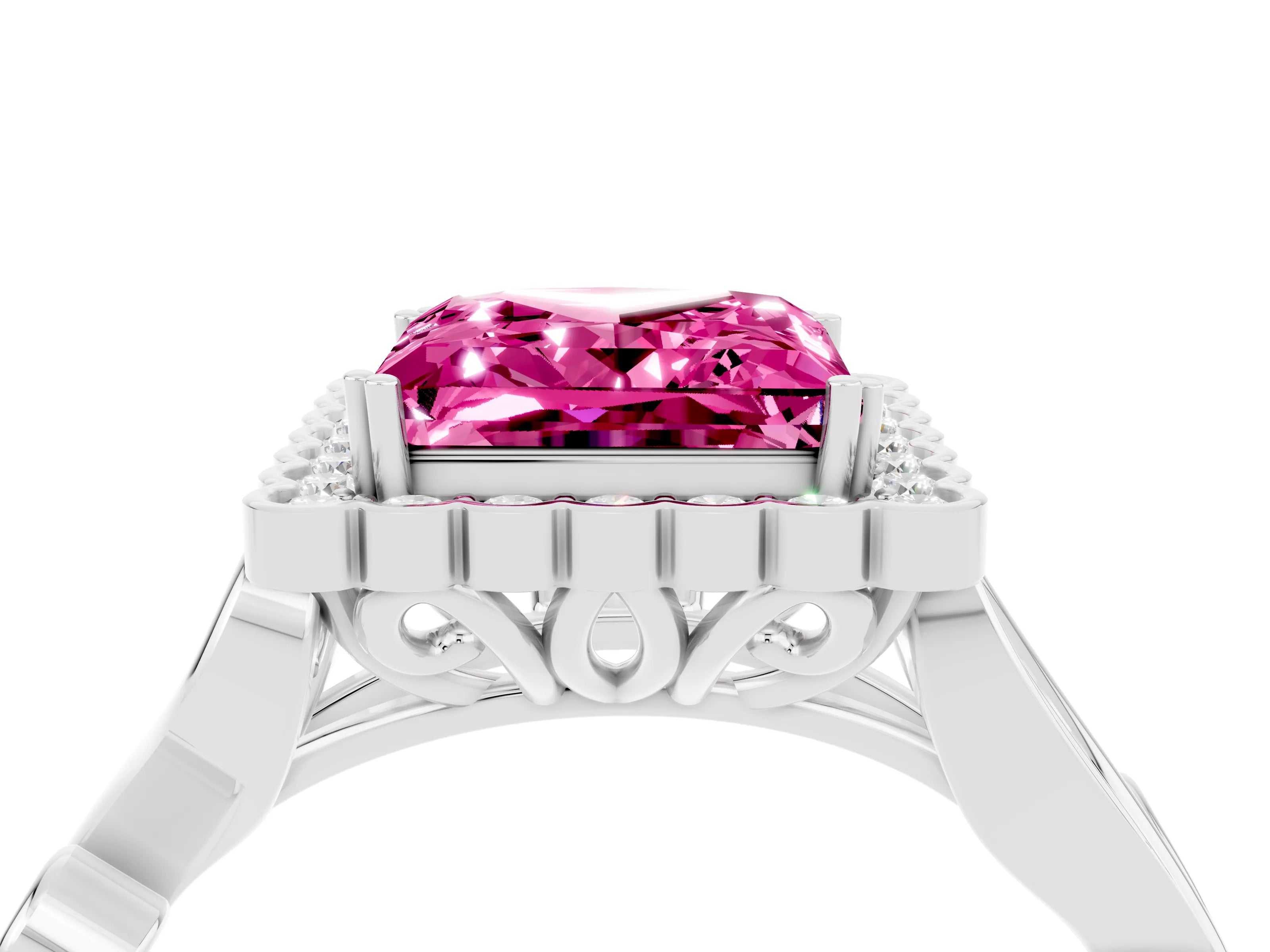 White gold Princess Cut Pink Sapphire Halo Ring with Vintage Split Shank and Four-Prong Setting_28