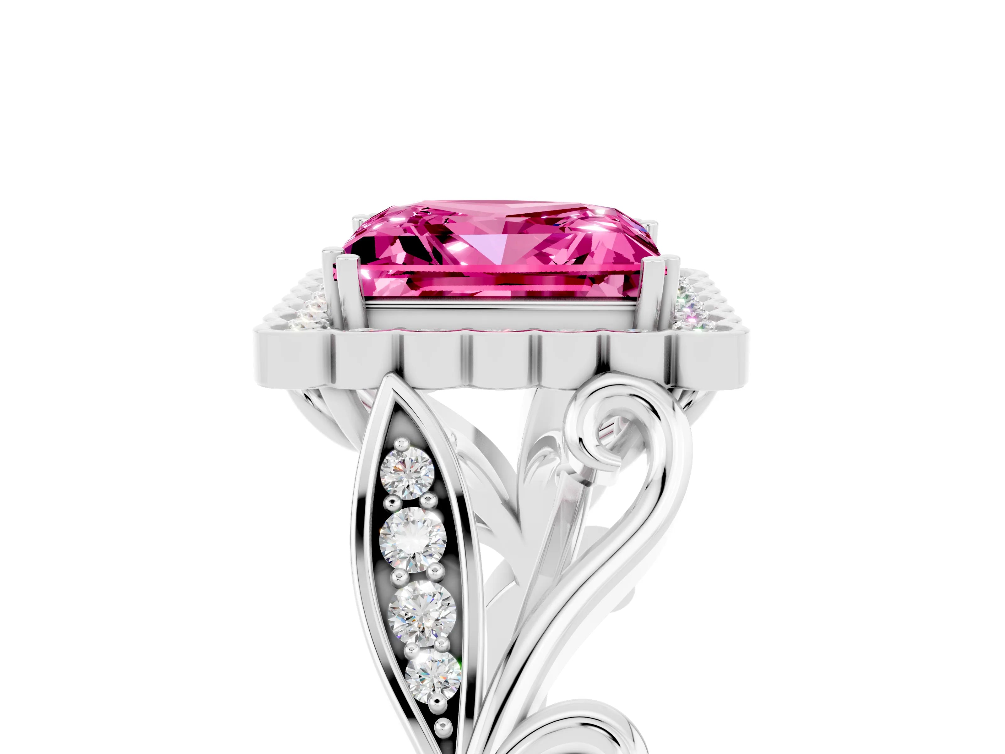 White gold Princess Cut Pink Sapphire Halo Ring with Vintage Split Shank and Four-Prong Setting_29