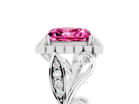White gold Princess Cut Pink Sapphire Halo Ring with Vintage Split Shank and Four-Prong Setting_29