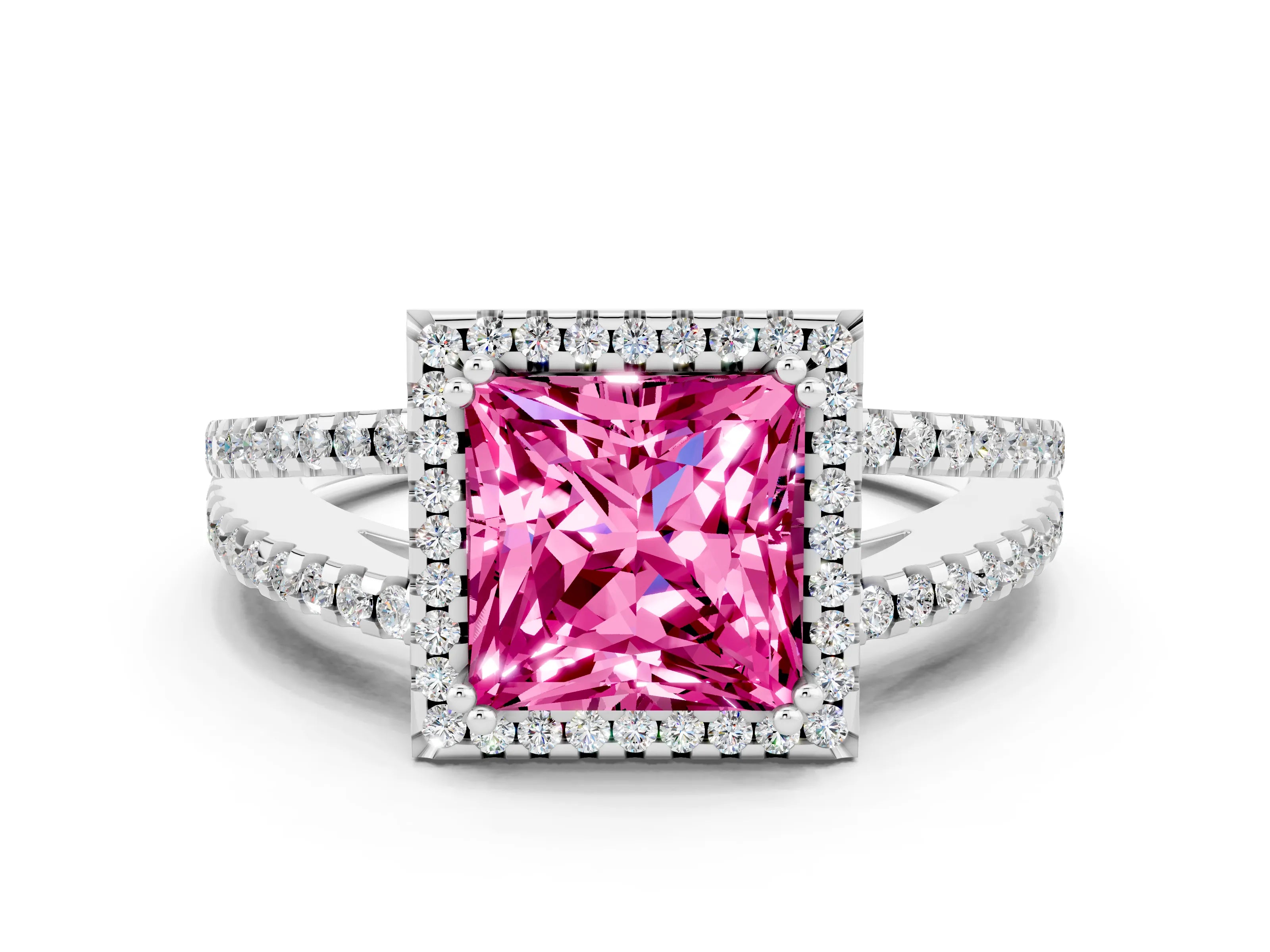 White gold Princess Cut Pink Sapphire Halo Split Shank Engagement Ring_12