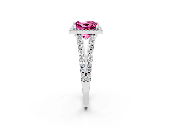 Platinum Princess Cut Pink Sapphire Halo Split Shank Engagement Ring