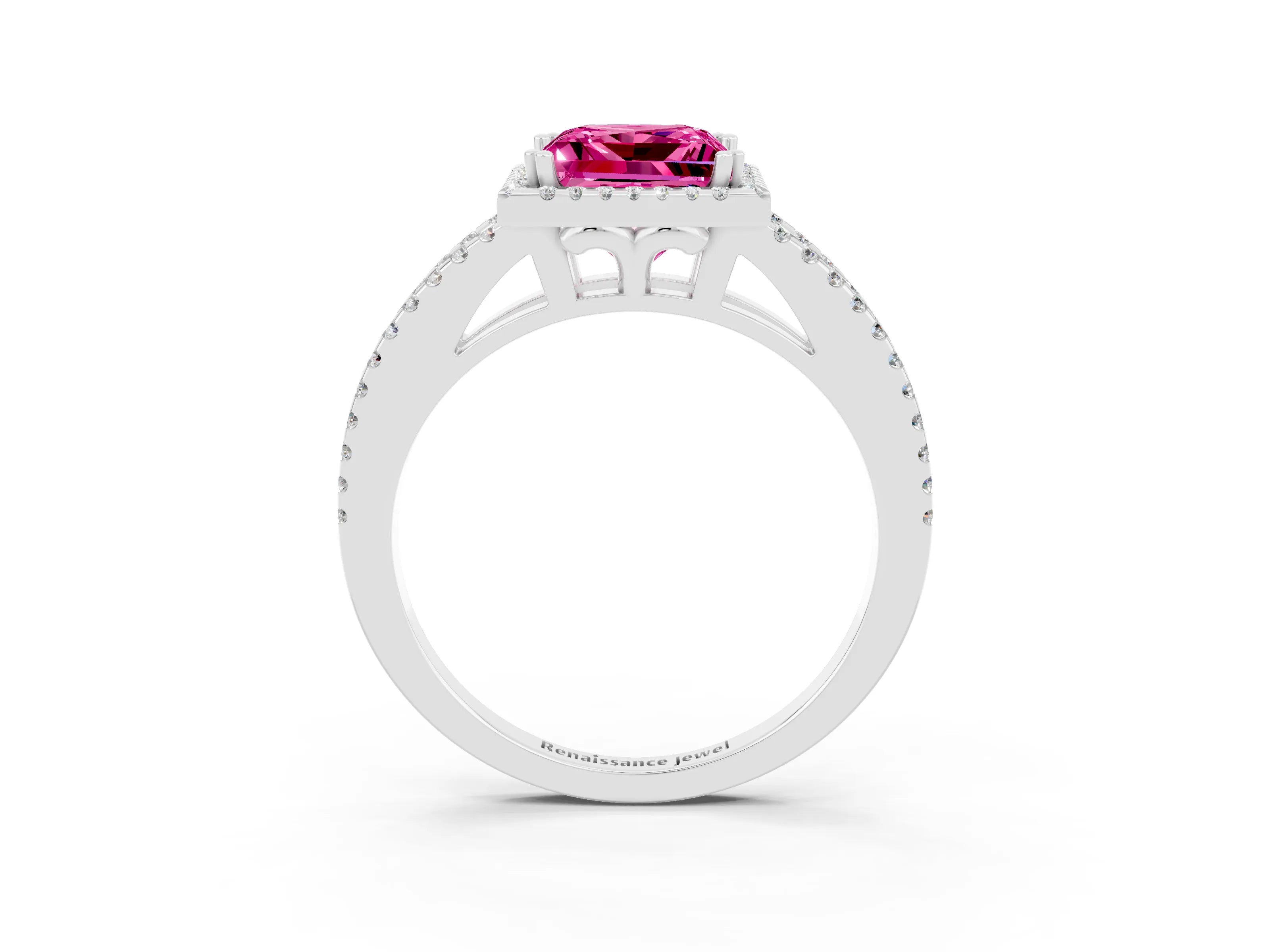 White gold Princess Cut Pink Sapphire Halo Split Shank Engagement Ring_15