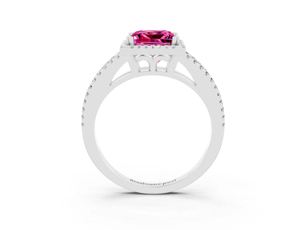 Platinum Princess Cut Pink Sapphire Halo Split Shank Engagement Ring