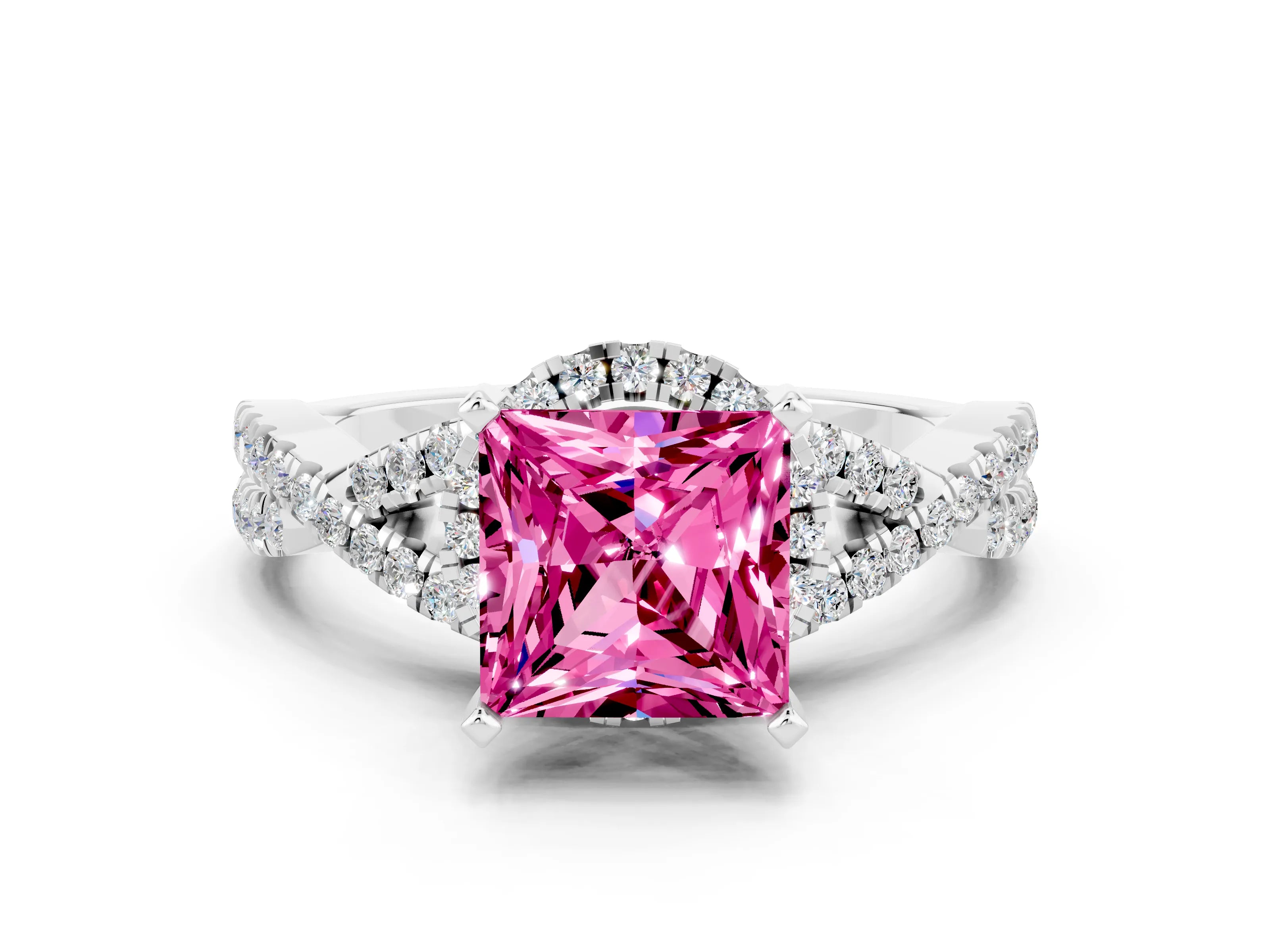 White gold Princess Cut Pink Sapphire Halo Twist Band Solitaire Prong Setting Ring_24