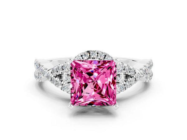 White gold Princess Cut Pink Sapphire  Halo Twist Band Solitaire Prong Setting Ring