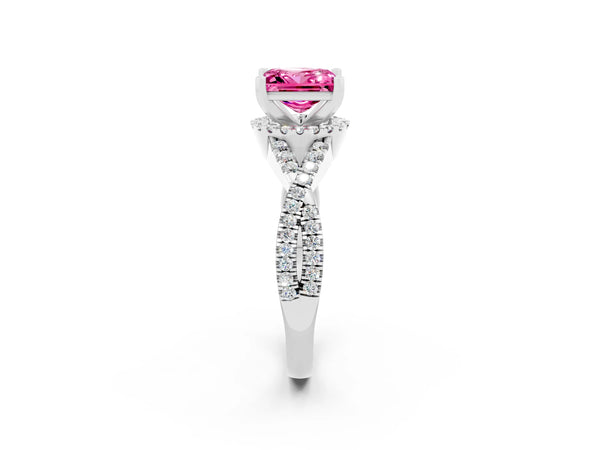 White gold Princess Cut Pink Sapphire  Halo Twist Band Solitaire Prong Setting Ring