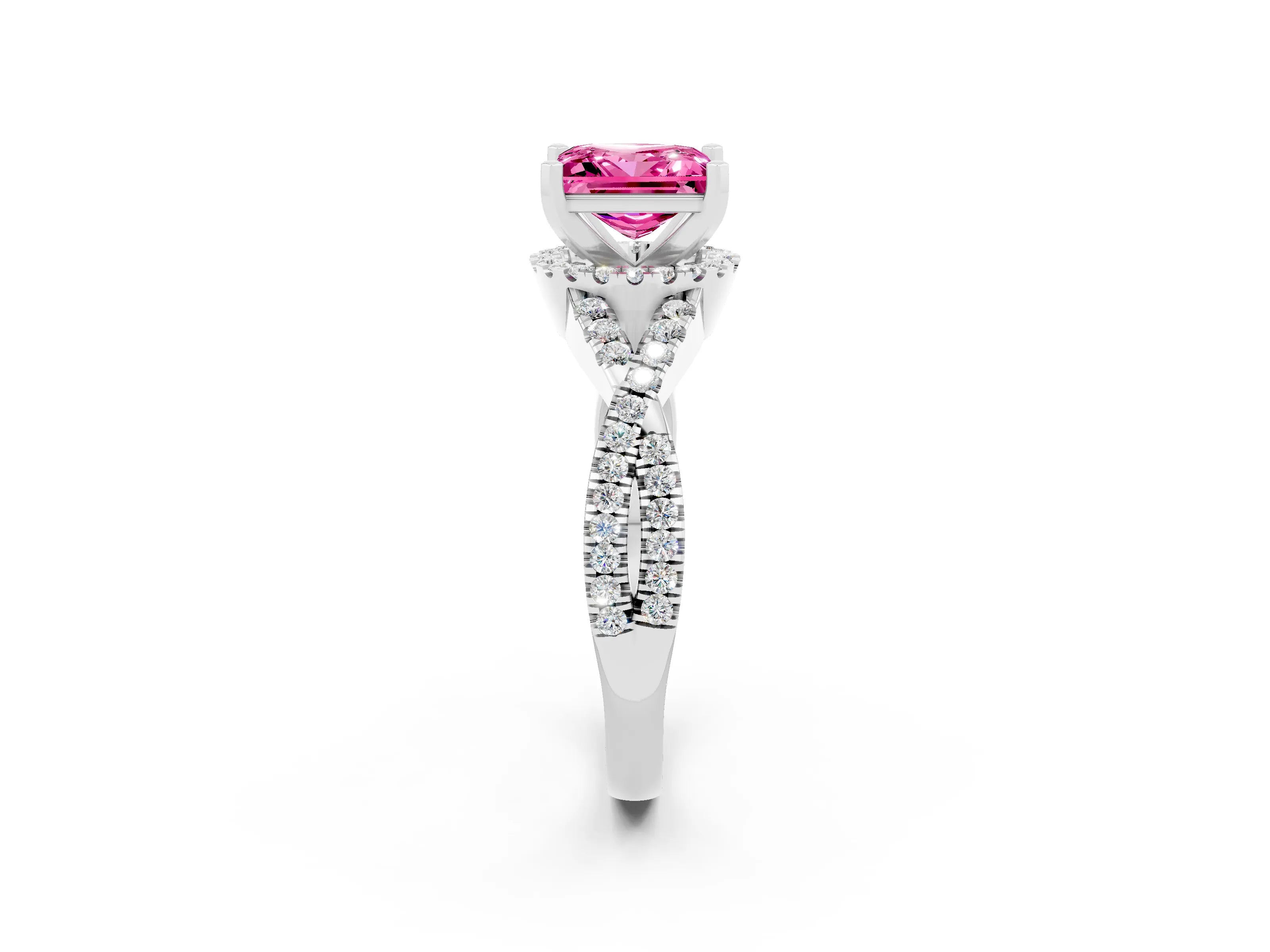 White gold Princess Cut Pink Sapphire Halo Twist Band Solitaire Prong Setting Ring_26