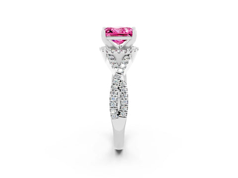 White gold Princess Cut Pink Sapphire Halo Twist Band Solitaire Prong Setting Ring_26