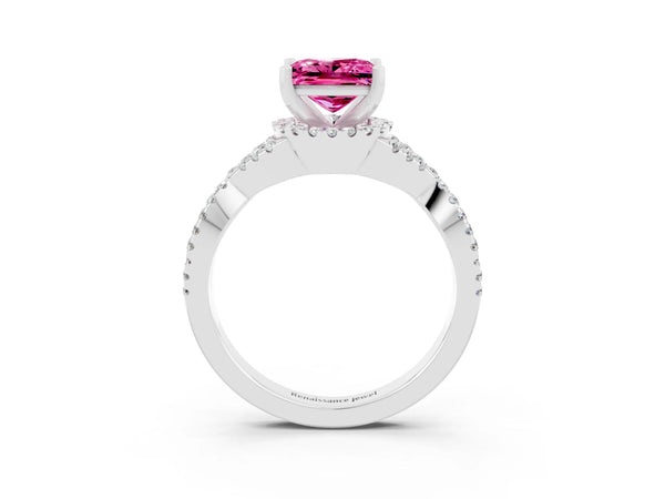 Silver Princess Cut Pink Sapphire  Halo Twist Band Solitaire Prong Setting Ring