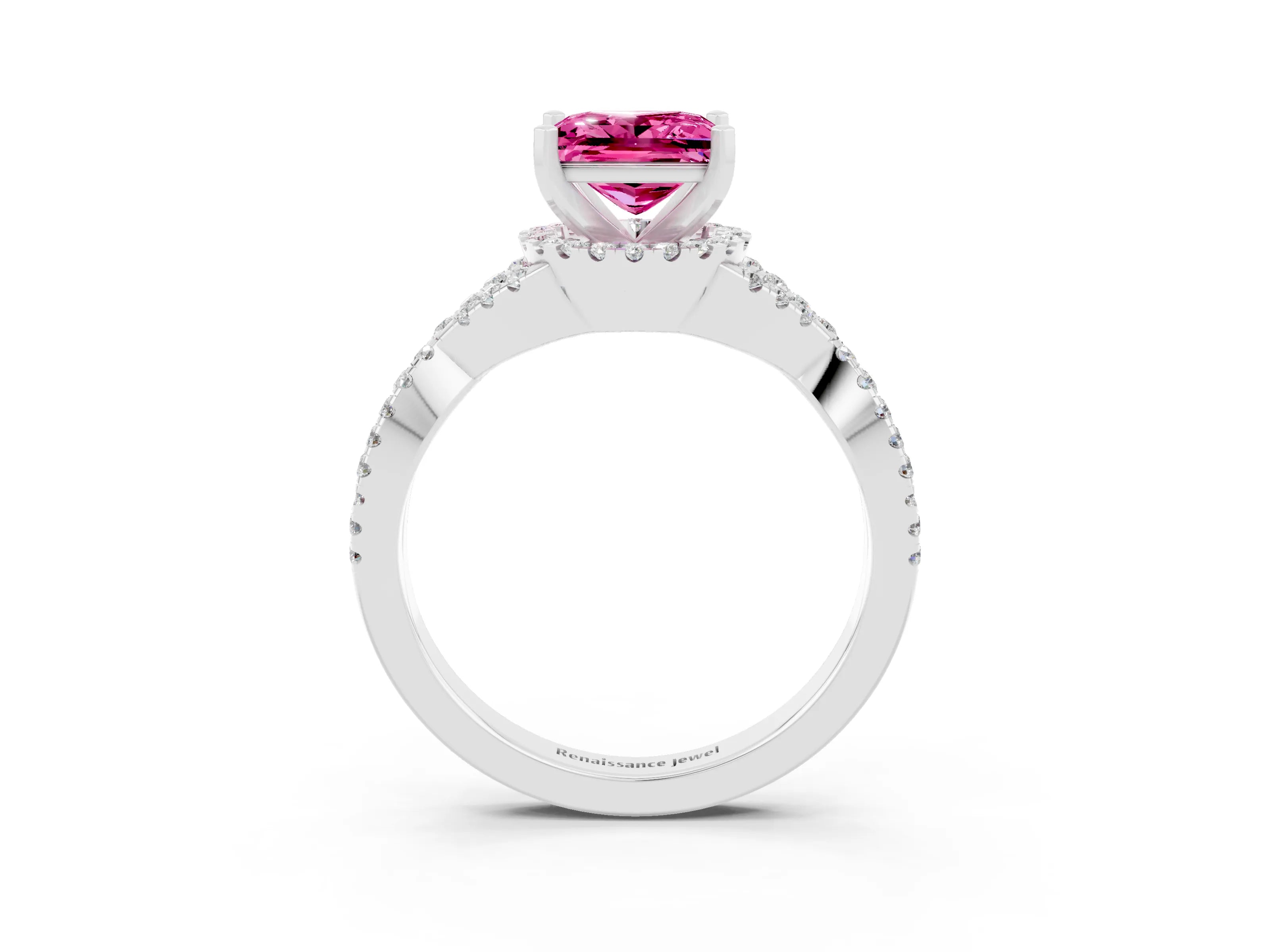 White gold Princess Cut Pink Sapphire Halo Twist Band Solitaire Prong Setting Ring_27