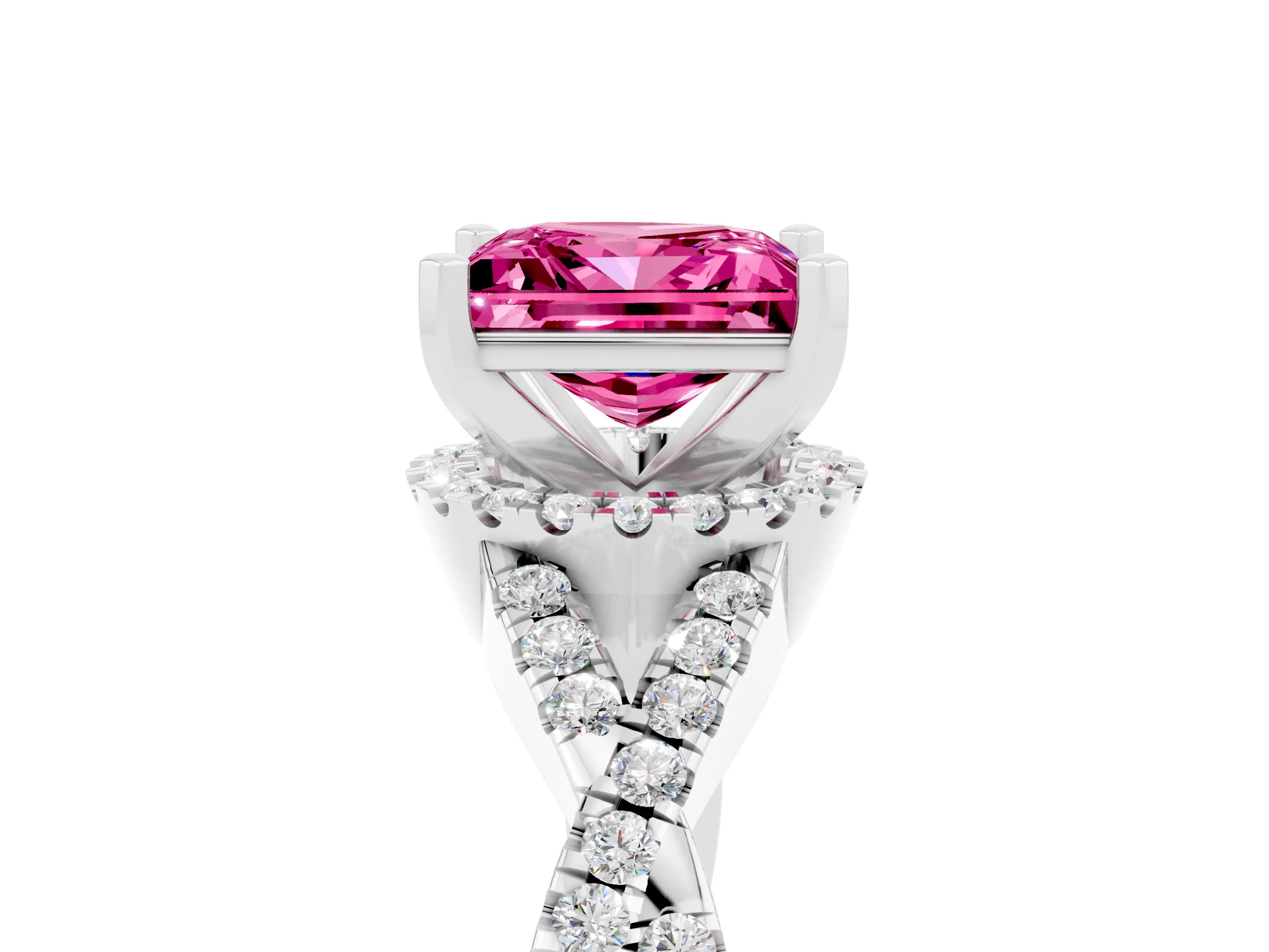 White gold Princess Cut Pink Sapphire Halo Twist Band Solitaire Prong Setting Ring_29