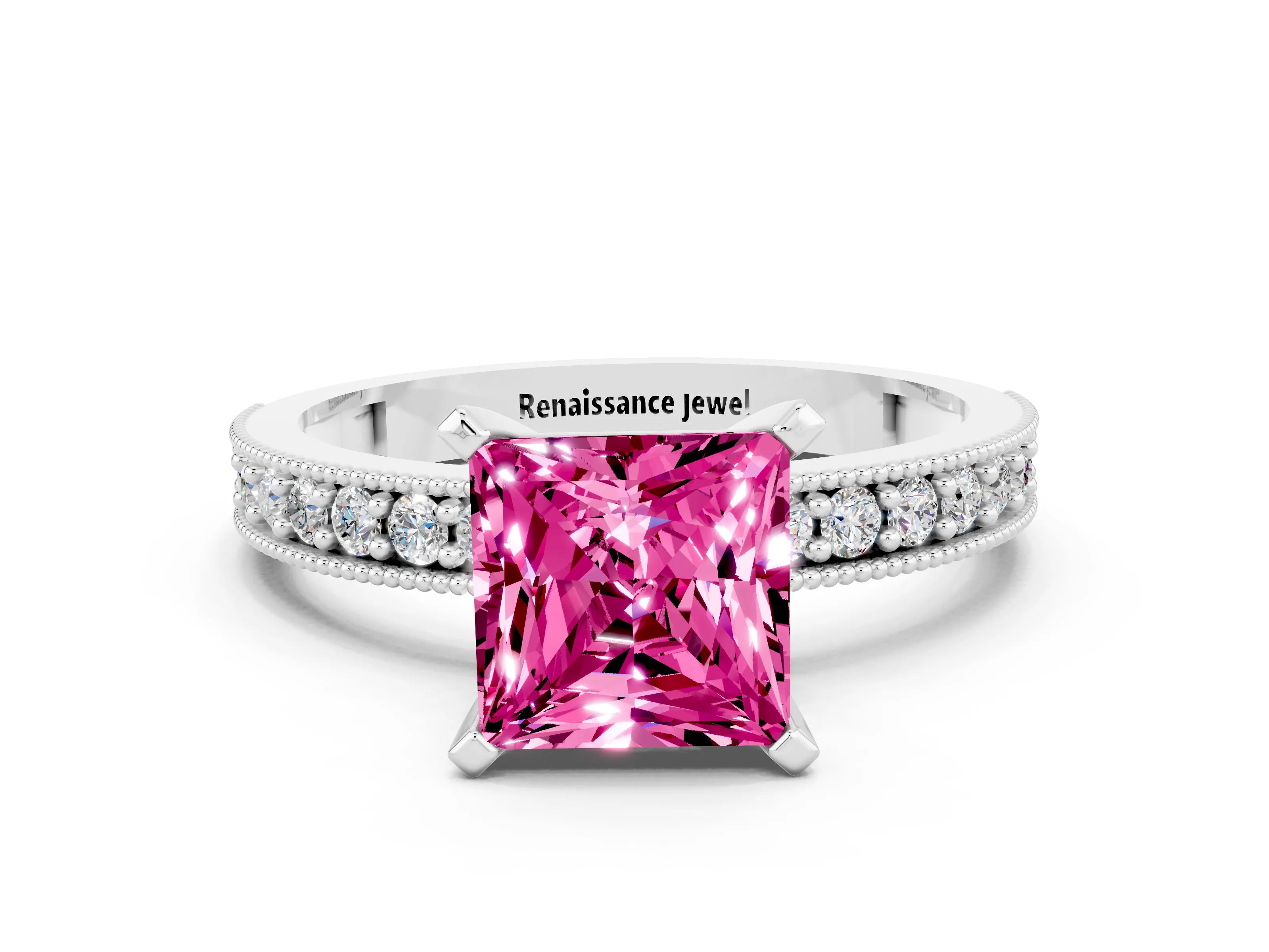 White gold Princess Cut Pink Sapphire Milgrain Pavé Engagement Ring with Four-Prong Setting_36