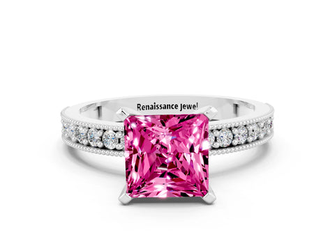White gold Princess Cut Pink Sapphire Milgrain Pavé Engagement Ring with Four-Prong Setting_36