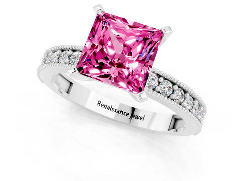 White gold Princess Cut Pink Sapphire Milgrain Pavé Engagement Ring with Four-Prong Setting_37