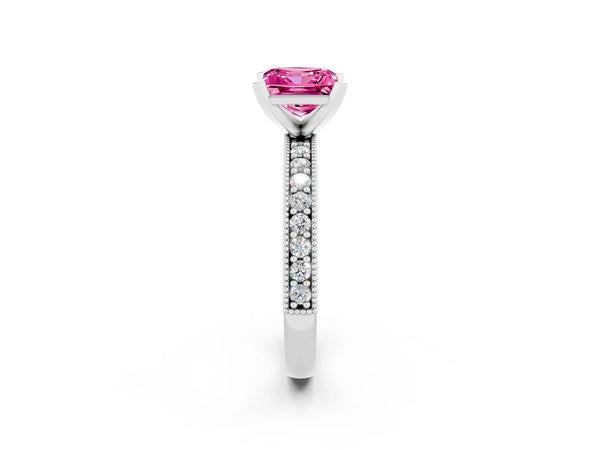 Silver Princess Cut Pink Sapphire Milgrain Pavé Engagement Ring with Four-Prong Setting