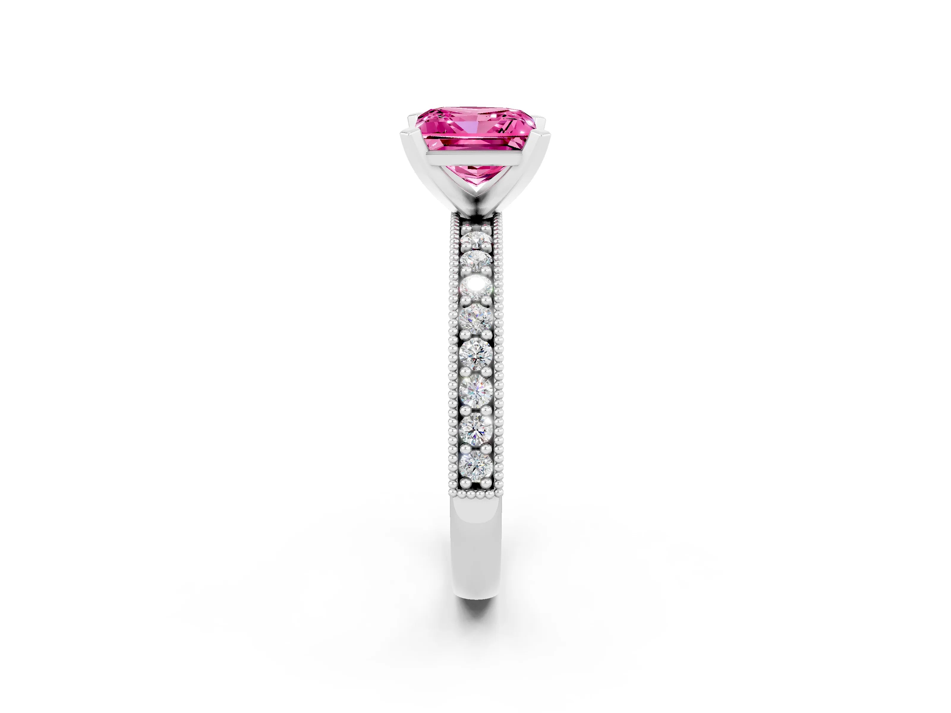 White gold Princess Cut Pink Sapphire Milgrain Pavé Engagement Ring with Four-Prong Setting_38