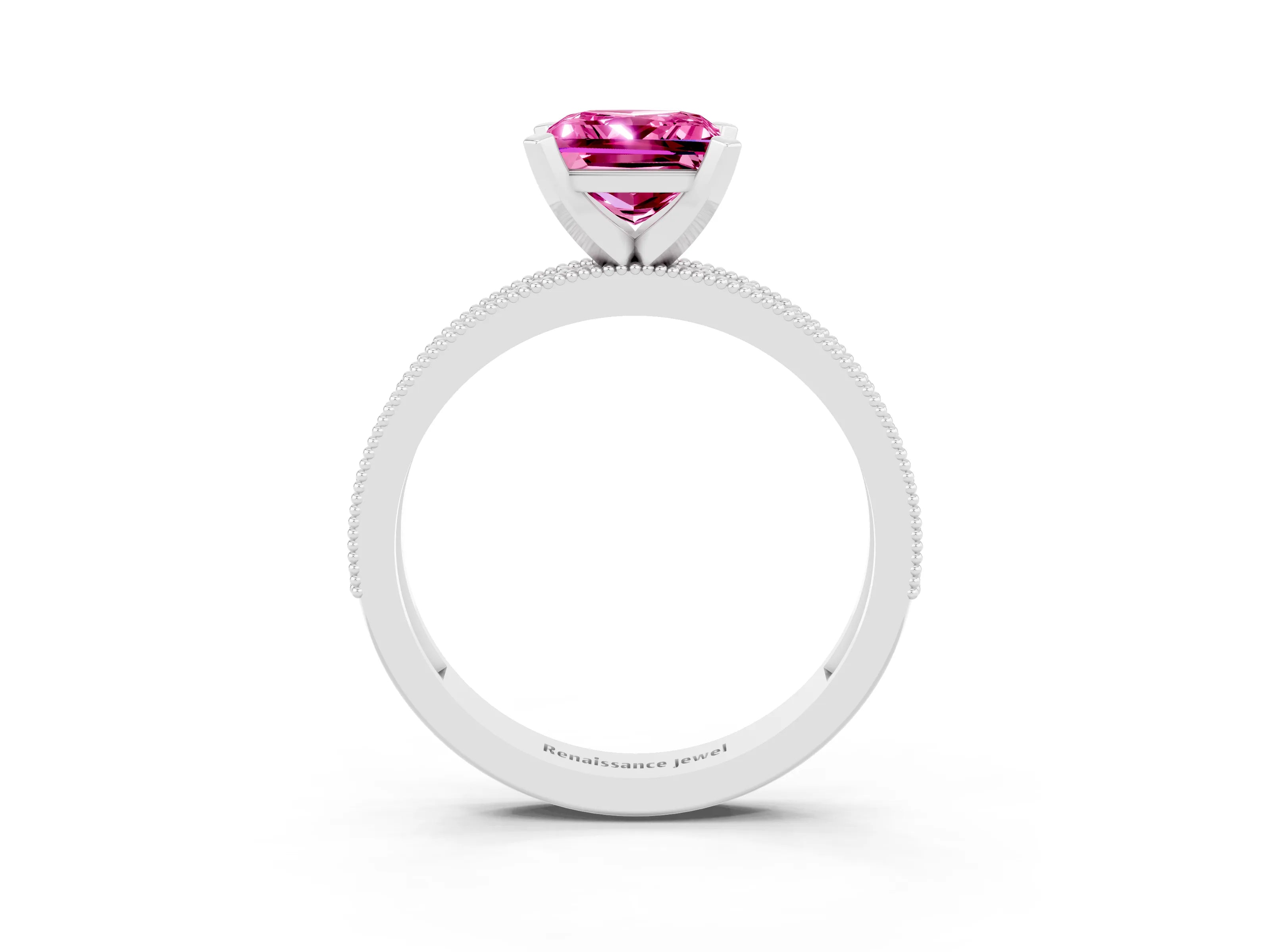 White gold Princess Cut Pink Sapphire Milgrain Pavé Engagement Ring with Four-Prong Setting_39