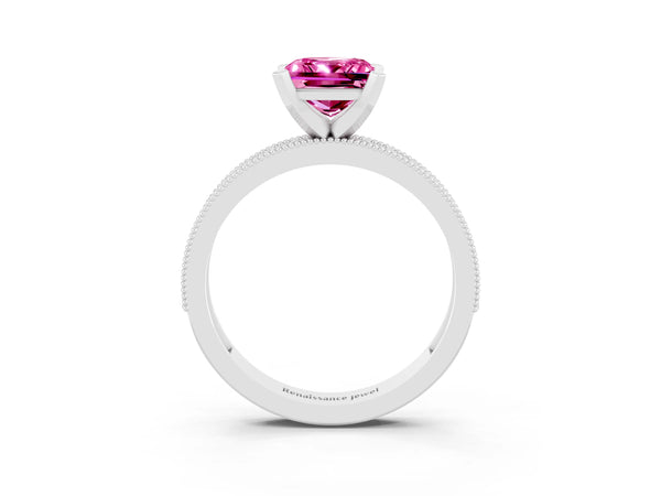 Platinum Princess Cut Pink Sapphire Milgrain Pavé Engagement Ring with Four-Prong Setting