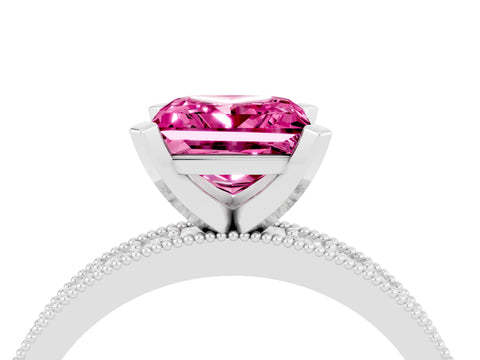 White gold Princess Cut Pink Sapphire Milgrain Pavé Engagement Ring with Four-Prong Setting_40