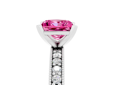 White gold Princess Cut Pink Sapphire Milgrain Pavé Engagement Ring with Four-Prong Setting_41
