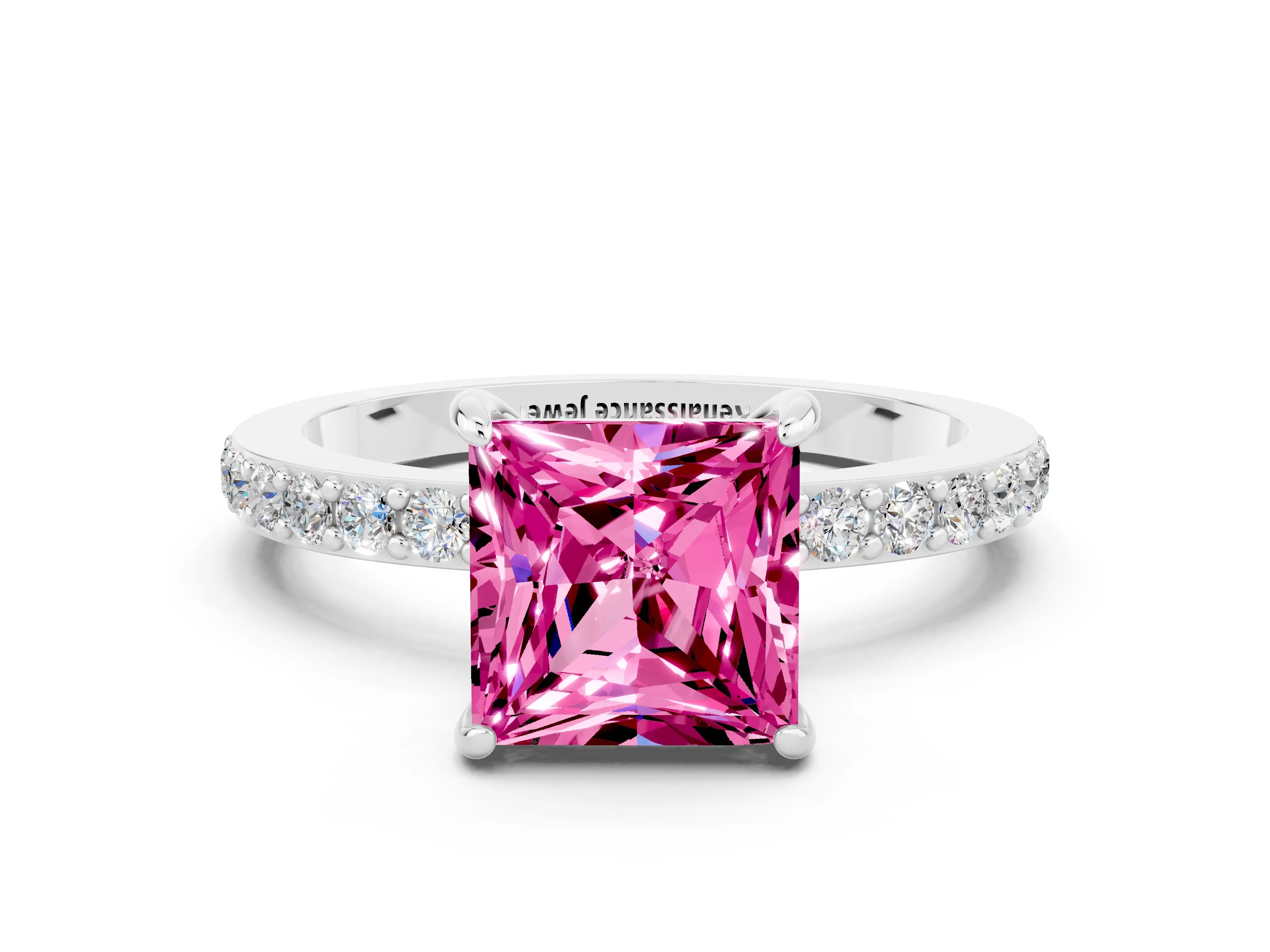 White gold Princess Cut Pink Sapphire Pavé Engagement Ring with Round  Accents and Prong Setting_48