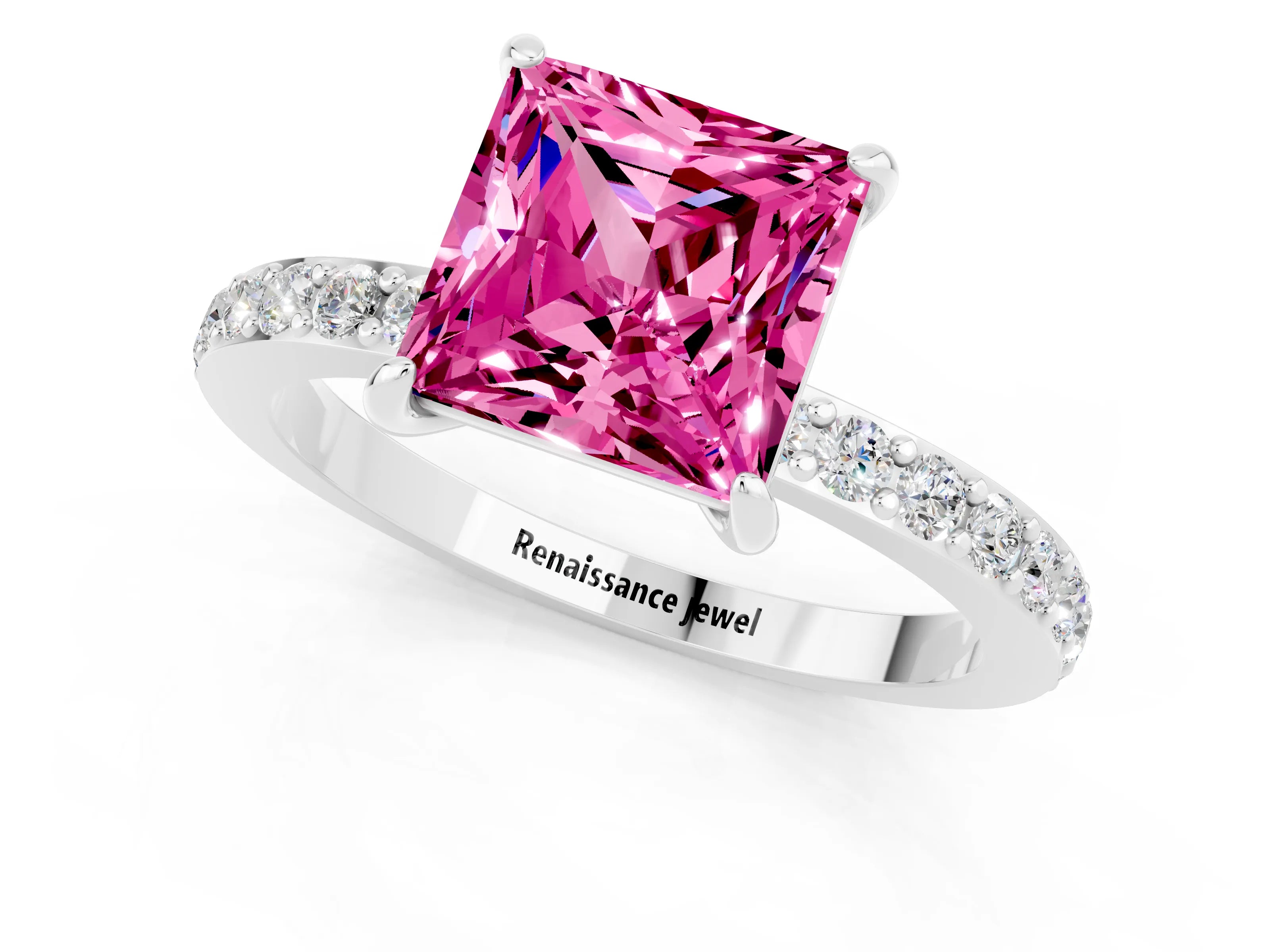 White gold Princess Cut Pink Sapphire Pavé Engagement Ring with Round  Accents and Prong Setting_49