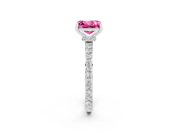 White gold Princess Cut Pink Sapphire Pavé Engagement Ring with Round  Accents and Prong Setting