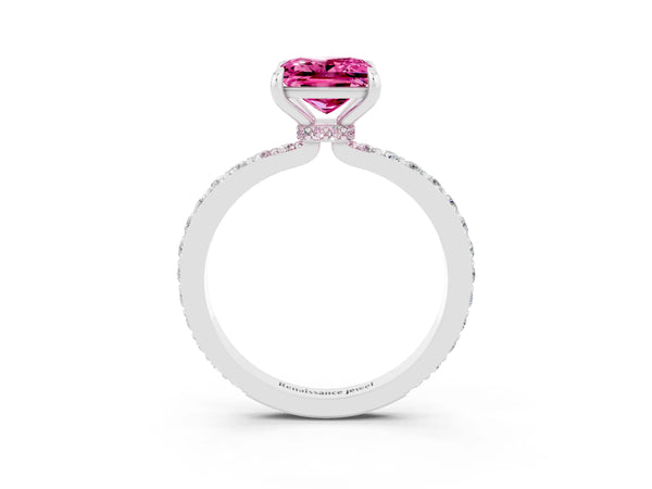 White gold Princess Cut Pink Sapphire Pavé Engagement Ring with Round  Accents and Prong Setting