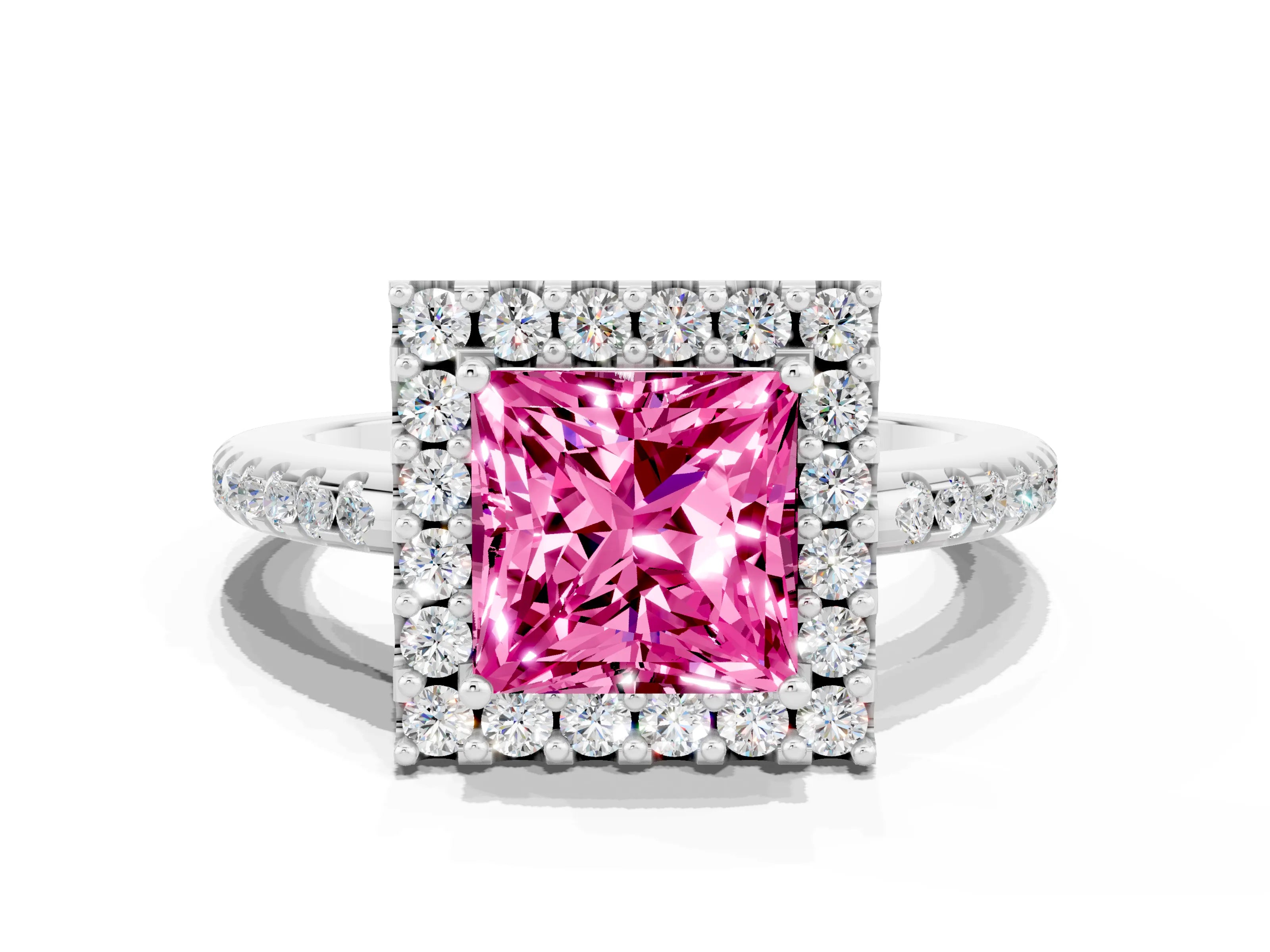 White gold Princess Cut Pink Sapphire Pavé Halo Ring with Four-Prong Setting_12