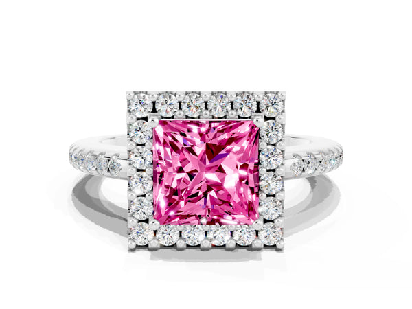 Platinum Princess Cut Pink Sapphire Pavé Halo Ring with Four-Prong Setting