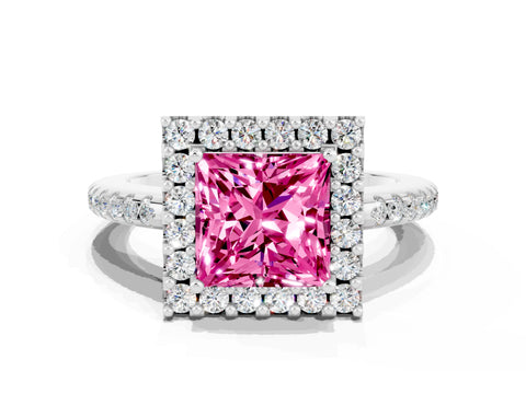 White gold Princess Cut Pink Sapphire Pavé Halo Ring with Four-Prong Setting_12