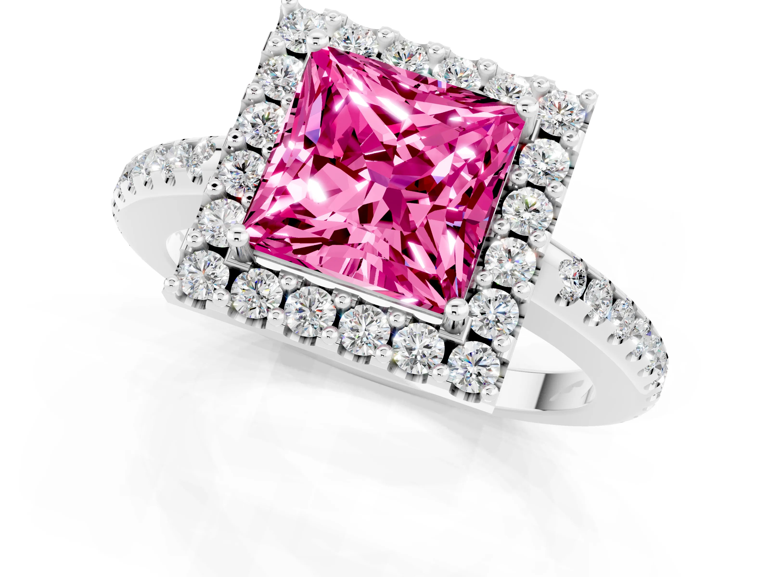White gold Princess Cut Pink Sapphire Pavé Halo Ring with Four-Prong Setting_13