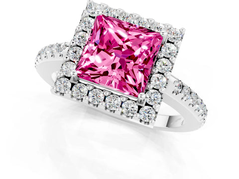 White gold Princess Cut Pink Sapphire Pavé Halo Ring with Four-Prong Setting_13