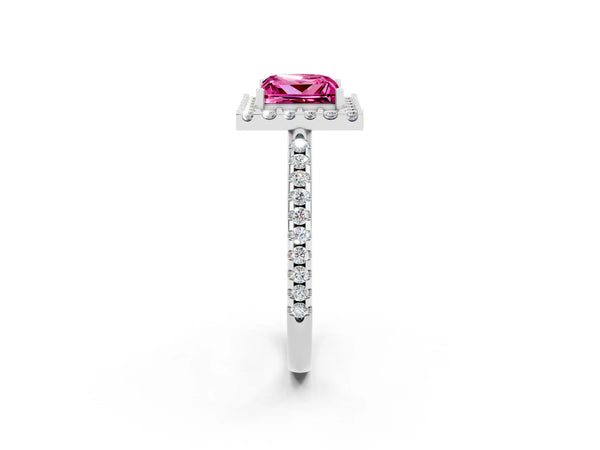 Platinum Princess Cut Pink Sapphire Pavé Halo Ring with Four-Prong Setting