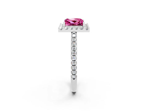 White gold Princess Cut Pink Sapphire Pavé Halo Ring with Four-Prong Setting_14