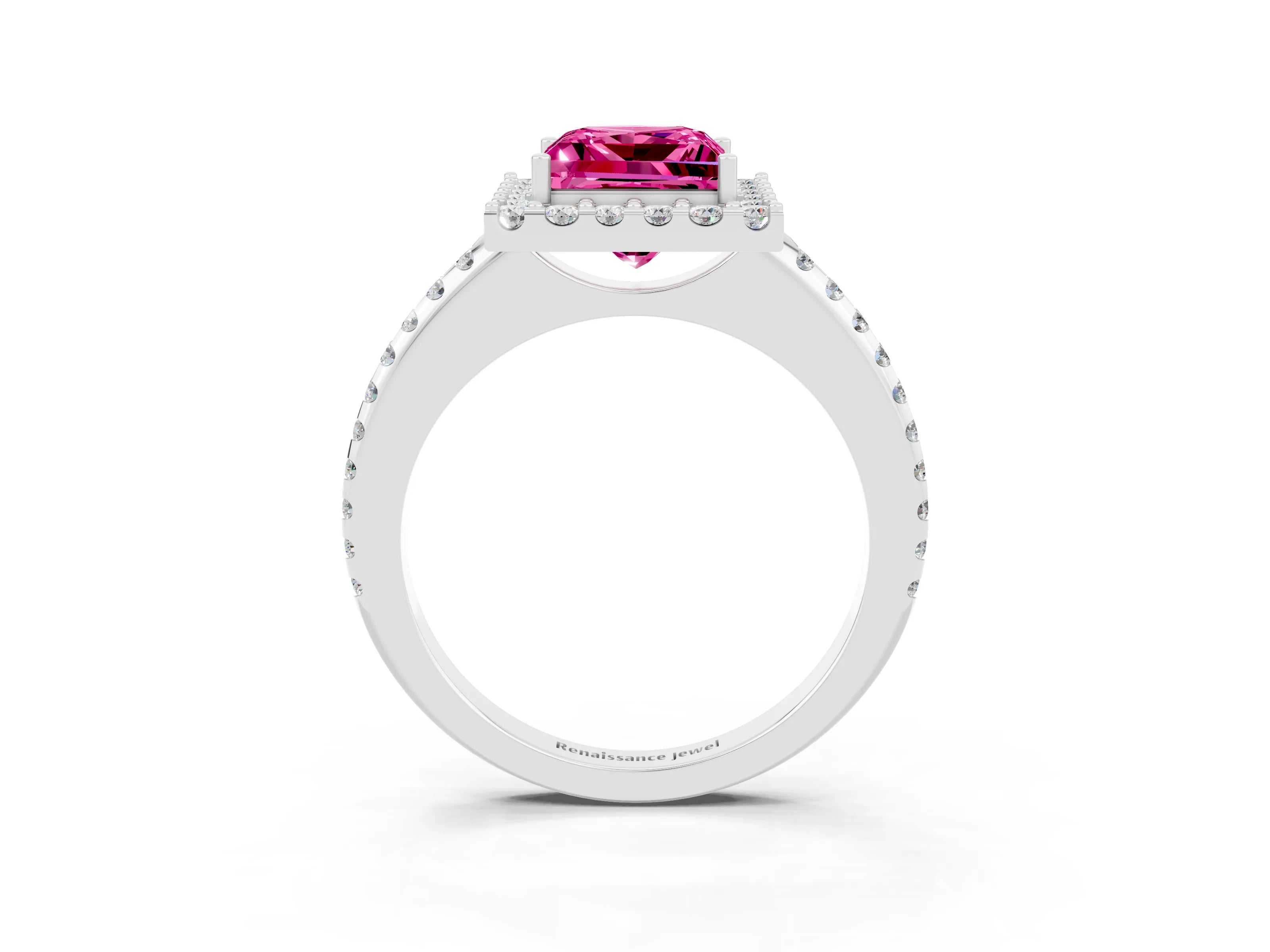 White gold Princess Cut Pink Sapphire Pavé Halo Ring with Four-Prong Setting_15