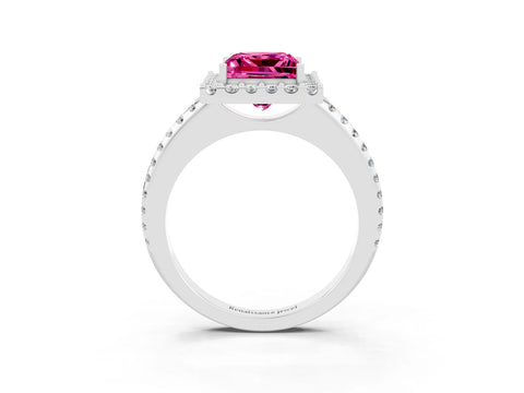 White gold Princess Cut Pink Sapphire Pavé Halo Ring with Four-Prong Setting_15