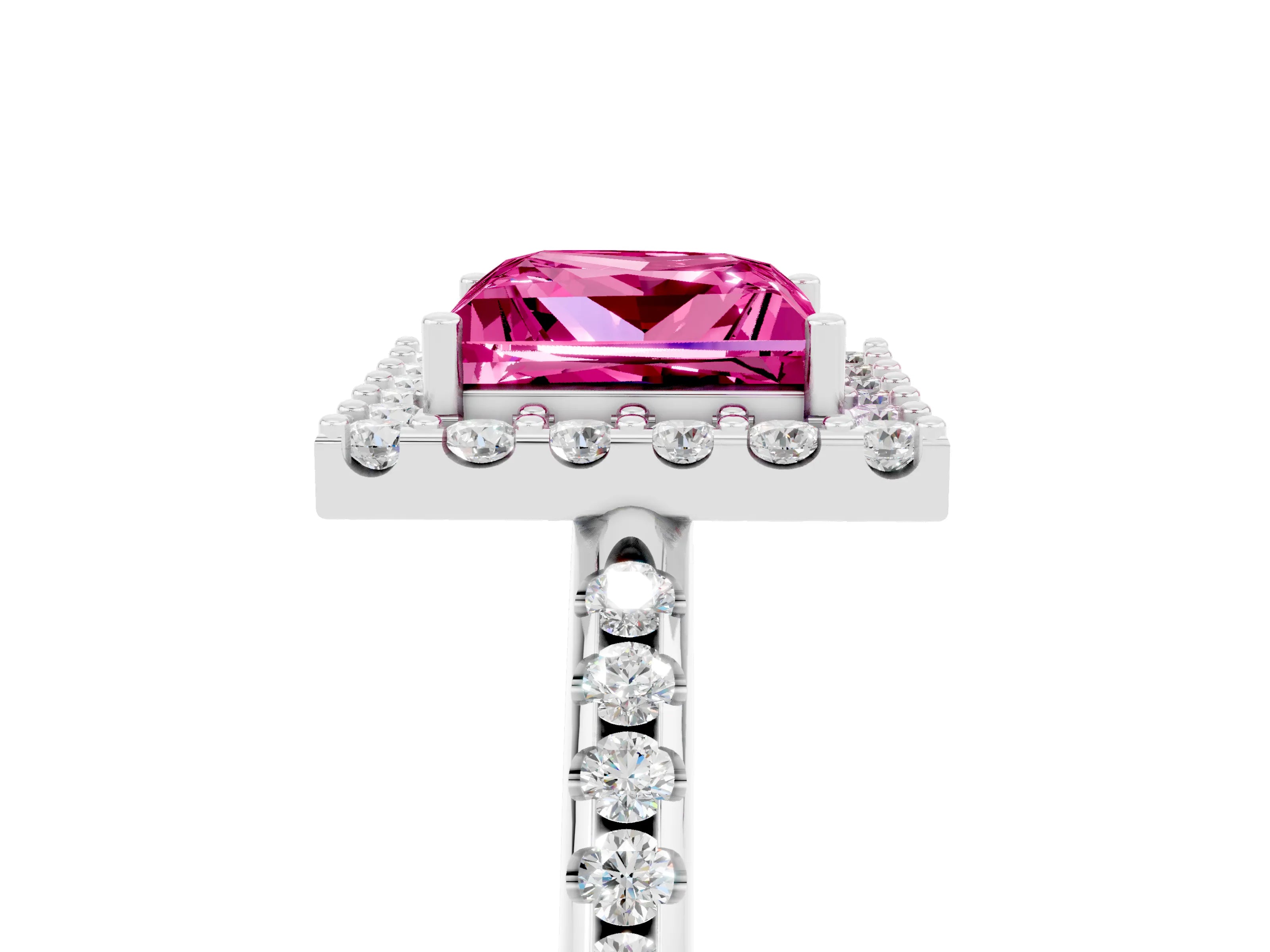 White gold Princess Cut Pink Sapphire Pavé Halo Ring with Four-Prong Setting_17