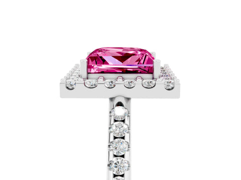 White gold Princess Cut Pink Sapphire Pavé Halo Ring with Four-Prong Setting_17