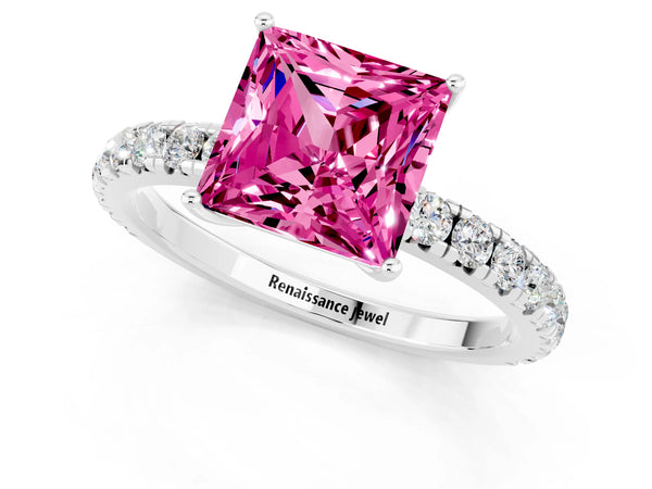 White gold Princess Cut Pink Sapphire Pavé Solitaire Engagement Ring with Four-Prong Setting