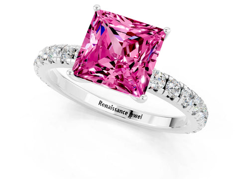 White gold Princess Cut Pink Sapphire Pavé Solitaire Engagement Ring with Four-Prong Setting_13